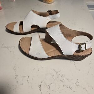 Born White Leather Sandals with Gold Buckle size 8.  Excellent condition.